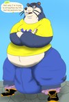 anthro belly big_belly big_bulge bottomwear bulge clothing crossed_arms eyewear glasses huge_belly huge_bulge hyper hyper_bulge male morbidly_obese obese overweight overweight_male shirt shorts solo text topwear wearing_glasses alythewolfcat animal_crossing nintendo lyle_(animal_crossing) mammal mustelid otter english_text hi_res