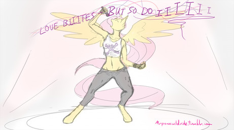 anthro anthrofied bottomwear clothing electronics feathered_wings feathers female fingerless_gloves gloves handwear microphone midriff music musician pants performing raised_arm shirt simple_background singing solo spread_wings stage topwear white_background wings mrponeswildride friendship_is_magic hasbro my_little_pony mythology fluttershy_(mlp) equid equine mammal mythological_creature mythological_equine pegasus 2016 hi_res sketch