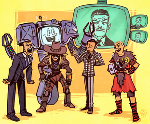 abstract_background ambiguous_gender black_hair blonde_hair brown_hair caesars_legion cathode_ray_tube checkered_suit_jacket clothed clothing coin coin_flip electronics fully_clothed group hair hat headgear headwear machine male metallic_body military_uniform monitor neckwear new_california_republic new_vegas not_furry pip-boy smile standing suit uniform wearing_hat wearing_necktie yelling yelling_at_another leona-florianova fallout microsoft aaron_kimball_(fallout) benny_geko_(fallout) caeser robert_house_(fallout) the_courier_(fallout) yes_man_(fallout) humanoid robot securitron_(fallout) english_description