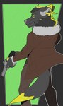 anthro black_body black_fur clothing fur green_eyes gun handgun jacket male ranged_weapon revolver solo topwear weapon felinecanis saladin_ritter anubian_jackal canid canine canis jackal mammal absurd_res hi_res