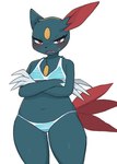 asymmetrical_ears baburusushi blue_body blue_fur blush clothing female forehead_gem front_view fur gem generation_2_pokemon hi_res looking_at_viewer navel nintendo open_mouth pokemon pokemon_(species) red_body red_eyes simple_background sneasel solo swimwear white_background yellow_gem