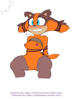 anthro areola breasts captured clothing erect_nipples female genitals legwear nipples solo stockings text vulva florecentmoo third-party_edit sega sonic_boom sonic_the_hedgehog_(series) sticks_the_jungle_badger badger mammal mustelid musteline 2015 hi_res url