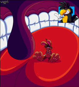 3_toes 4_fingers anthro big_feet big_tongue cartoon_gloves confident confident_expression confident_male duo feet fingers inside_mouth male male/male pawpads paws red_tongue smile smug smug_expression smug_face smug_grin soft_vore soles toes tongue toony uvula vore marquis2007 roderick_(tamerkoh) zak_(marquis2007) avian bird corvid corvus_(genus) crow lagomorph leporid mammal oscine passerine rabbit absurd_res hi_res