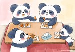 anthro biped black_nose blue_body blush chibi eyes_closed food fruit furniture group kemono kotatsu plant table white_body araru bear giant_panda mammal 2024 hi_res