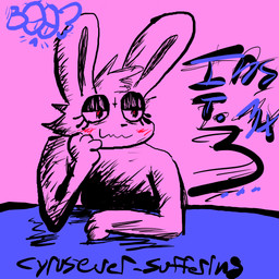 ambiguous_gender anthro blush cross fur inverted_cross looking_away pink_body pink_fur simple_background solo furtive_bunny lagomorph leporid mammal rabbit 1:1 absurd_res album_cover cover hi_res