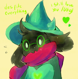 anthro black_body black_fur bodily_fluids clothing eyewear fur glasses green_clothing green_eyewear green_glasses green_heart green_robe hat headgear headwear male monotone_background pink_scarf robe scarf simple_background solo sweat sweatdrop text witch_hat psibunny deltarune undertale_(series) ralsei boss_monster_(undertale) english_text tagme