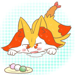 ambiguous_anthro ambiguous_gender anthro blush blush_lines blush_stickers bodily_fluids dango_(food) drooling food front_view lying on_front open_mouth open_smile plate saliva saliva_puddle shrimp_(food) simple_background smile snout solo sweat sweatdrop annyui0611 nintendo pokemon braixen canid generation_6_pokemon mammal pokemon_(species) 1:1 2023 digital_drawing_(artwork) digital_media_(artwork) hi_res japanese_description translated_description