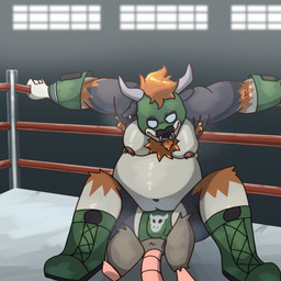ambiguous_gender anthro armpit_hair ass_on_face belly berry_the_bull body_hair duo ear_piercing facial_piercing fighting_ring hairy male male/male mask musclegut muscular musk nipple_piercing nipples nose_piercing piercing public sports_mask sportswear wrestler wrestling wrestling_mask nuknuks american_opossum bovid bovine cattle mammal marsupial 1:1 hi_res