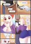 2022 anon anthro big_breasts blue_clothing blue_panties blue_underwear boss_monster_(undertale) bottomwear bovid breasts caprine cleavage clothed clothing comic deltarune dialogue digital_media_(artwork) duo embrace english_text female fur hi_res hug jewelry kobradraws male mammal necklace panties patreon patreon_logo red_eyes skirt speech_bubble text thought_bubble toriel undertale undertale_(series) underwear upskirt url white_body white_fur