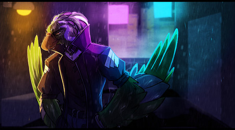 anthro beak black_clothing black_jacket black_topwear brown_beak brown_eyes clothed clothing feathers front_view glistening glistening_eyes green_body green_feathers grey_body grey_feathers hand_on_hip jacket male mouth_closed night outside raining sad solo topwear white_body white_feathers kardinaluz avian half-length_portrait letterbox portrait