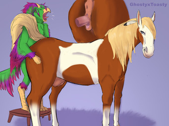 accessory anatomically_correct anatomically_correct_anus anatomically_correct_genitalia anatomically_correct_vulva animal_genitalia animal_vulva anthro anthro_on_feral anthro_penetrating anthro_penetrating_feral anus bald_face beak bestiality blonde_hair blue_eyes brown_body brown_fur butt clitoral_winking clitoris close-up doggystyle duo equine_anus equine_genitalia equine_vulva eyelashes eyes_closed feather_in_hair feet female female_feral female_penetrated feral feral_penetrated from_behind_position fur furniture genitals grin hair hair_accessory horn larger_penetrated leg_markings looking_back looking_pleasured loose_feather male male/female male_anthro male_penetrating male_penetrating_female mane markings penetration penile penile_penetration penis penis_in_vagina puffy_anus sex simple_background size_difference smile socks_(marking) standing_doggystyle standing_on_stool stool tail tail_over_shoulder talons teats toes tongue tongue_out vaginal vaginal_penetration vulva ghostyxtoasty dreamworks spirit:_stallion_of_the_cimarron rain_(cimarron) avian bird equid equine horse mammal 4:3 absurd_res hi_res signature