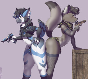 anthro arched_back ass_to_ass beak bulge clothing crop_top cropped_hoodie duo femboy gun hand_on_hip holding_gun holding_object holding_ranged_weapon holding_weapon kerchief male ranged_weapon shirt thick_thighs topwear weapon mr-shin flak_(foxyflak) rovik_(rovik1174) arctic_fox avian bird canid canine fox mammal true_fox hi_res