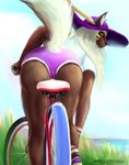 anthro bicycle bottomwear butt clothed clothing cycling female fur hair hat headgear headwear looking_back rear_view shorts sitting smile solo summer vehicle dimonis canid canine canis mammal wolf 2019 digital_media_(artwork) hi_res signature watermark