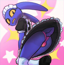 anthro bent_leg black_clothing black_eyes black_footwear black_shoes blue_body bulge butt clothed clothing crossdressing eyelashes footwear legwear looking_at_viewer looking_back looking_back_at_viewer low-angle_view maid_uniform male panties pink_clothing pink_panties pink_underwear shoes solo stockings tail teeth three-quarter_view underwear uniform white_clothing white_legwear white_stockings yellow_sclera yellow_teeth vallshad glitch_productions the_amazing_digital_circus jax_(tadc) lagomorph leporid mammal rabbit colored digital_drawing_(artwork) digital_media_(artwork) hi_res shaded