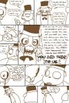 anthro blood bodily_fluids bow_(feature) bow_tie clothing creepy crying dialogue hat headgear headwear hidden_text machine male scared simple_background tears text the_weaver five_nights_at_freddy's scottgames freddy_(fnaf) animatronic bear mammal robot 2:3 comic english_text hi_res monochrome