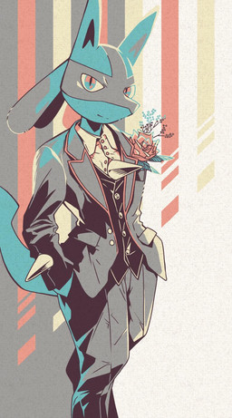 black_tie_(suit) clothed clothing dress_pants flower flowers_in_pocket hand_in_pocket heterochromia looking_at_viewer male open_suit pattern_background plant pockets pokemorph pose shirt simple_background smile solo spikes suit topwear unbuttoned vest maki723pero nintendo pokemon generation_4_pokemon lucario pokemon_(species) hi_res restricted_palette