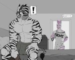 anthro ball_bulge bedroom bulge clothing detailed_bulge dialogue duo exclamation_point fur implied_pregnancy male nipples oversized_clothing oversized_shirt oversized_topwear positive_pregnancy_test pregnancy_test pregnant pregnant_anthro pregnant_male sheath_bulge shirt speech_bubble striped_body striped_fur stripes surprised text text_on_t-shirt topwear pandottermon equid equine mammal zebra 2019 5:4 english_text