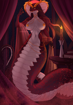 accessory apode areola book breasts candle candlelight claws fangs female hair horn inside legless licking licking_lips light moon moonlight multicolored_body multicolored_hair nipples red_moon scales serpentine small_waist solo tail teeth tongue tongue_out venrix yellow_claws yellow_eyes yellow_nipples albtraumwach draconcopode hybrid naga reptile scalie snake absurd_res hi_res