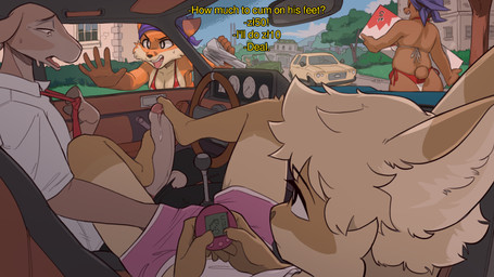anthro balls biped breasts brown_body brown_fur car car_wash clothed clothing detailed_background dialogue erection feet female fingers foot_fetish foot_play footjob fur genitals group hair humanoid_genitalia humanoid_penis inside_car inside_vehicle male male/male open_mouth orange_body orange_fur penile penis prostitution question_mark sex short_tail tail text vehicle ittybittykittytittys tamagotchi canid canine deer fox mammal 16:9 hi_res widescreen