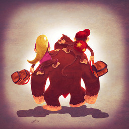 anthro backpack barefoot blonde_hair brown_body brown_fur clothing ear_piercing feet female fur group hair hat headgear headwear jewelry long_hair male piercing ponytail toes andry_shango donkey_kong_(series) nintendo diddy_kong dixie_kong donkey_kong_(character) ape haplorhine mammal monkey primate 1:1 signature