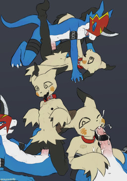 3_toes all_fours anthro anthro_on_anthro anthro_penetrated anthro_penetrating anthro_penetrating_anthro areola biped black_tongue blue_body blue_tail bodily_fluids breasts butt claws collar collar_only countershade_torso countershading cum cum_in_mouth cum_inside duo erection eyes_closed feet fellatio female female_penetrated genital_fluids genitals grey_background kneeling lying male male/female male_penetrating male_penetrating_female nave nipples nude on_back one_eye_closed open_mouth open_smile oral penetration penile penile_penetration penis penis_in_mouth penis_in_vagina red_eyes sex simple_background small_breasts smile spiral spiral_eyes tail teeth toe_claws toes tongue tongue_out vaginal vaginal_penetration vulva yellow_body sealer4258 bandai_namco digimon nintendo pokemon mimi_(sealer4258) digimon_(species) flamedramon generation_7_pokemon mimikyu pokemon_(species) 2026 absurd_res digital_drawing_(artwork) digital_media_(artwork) hi_res