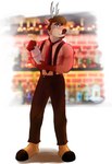 antlers bar bare_chest barefoot barman beard bottomwear clothing facial_hair feet horn male necktie pants pecs pose smile solo suspenders gearfox98 hector_(gearfox98) cervine deer mammal absurd_res digital_media_(artwork) hi_res pinup