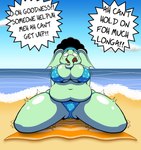 accent afro anthro beach beach_towel belly big_breasts bikini breasts clothing female front_view green_body kneeling mature_female sea shaking slightly_chubby solo struggling swimwear thick_thighs towel trembling two-piece_swimsuit water marcodile kiyana_(marcodile) elephant elephantid mammal proboscidean hi_res