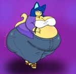 anthro belly belly_squish big_belly big_breasts big_butt black_eyes blue_bottomwear blue_clothing blue_ears blue_eyeshadow blue_hair blue_inner_ear blue_jeans blue_nose blue_pants blush bottomwear breasts brown_clothing brown_footwear brown_shoes butt button_(fastener) clothing denim denim_bottomwear denim_clothing eyeshadow female footwear gold_(metal) gold_jewelry gold_necklace hair hand_on_belly hand_on_own_belly huge_belly huge_butt hyper hyper_butt jeans jewelry looking_at_viewer makeup mature_female necklace obese obese_anthro obese_female overweight overweight_anthro overweight_female pants purple_background purple_clothing purple_topwear shoes simple_background smile solo squish tail tight_clothing topwear translucent translucent_clothing white_clothing white_topwear yellow_body yellow_tail citrusbunny17 fan_character pita_(citrusbunny17) domestic_cat felid feline felis mammal 2024 absurd_res cel_shading colored digital_media_(artwork) hi_res shaded signature