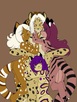 anthro blue_eyes breasts brown_background ear_piercing female group hair harem leopard_spots male nipples orange_eyes piercing purple_eyes purple_hair simple_background spots tail white_hair yellow_eyes spazzykoneko felid leopard mammal pantherine tiger 3:4 digital_media_(artwork)