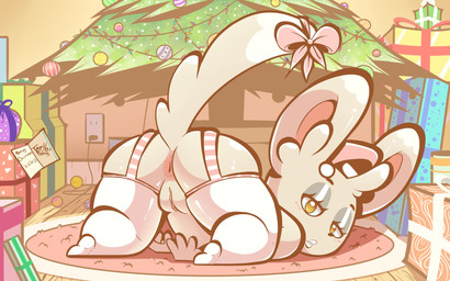 3_fingers accessory amber_eyes anthro anthrofied anus ass_up blush bow_(feature) bow_accessory bow_ribbon butt carpet christmas_decorations christmas_lights christmas_present christmas_tree clothing detailed_background eyebrows eyelashes female fingers fluffy fluffy_tail fur furgonomics garter_straps genitals gift grey_body grey_fur headgear headwear holidays inside legwear looking_at_viewer looking_back looking_back_at_viewer lying makeup mascara multicolored_ears narrowed_eyes nude plant pokemorph presenting presenting_anus presenting_hindquarters presenting_vulva ribbons solo stockings tail tail_accessory tail_bow tail_ribbon text tree two_tone_ears two_tone_tail vulva casperahoyo christmas nintendo pokemon generation_5_pokemon mammal minccino pokemon_(species) rodent 16:10 2019 digital_media_(artwork) english_text hi_res signature widescreen