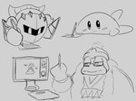 anthro clothed clothing computer_monitor computer_screen drawing_tablet facewear group holding_object holding_pen holding_pencil holding_quill loose_feather male male_anthro mask mouth_closed narrowed_eyes noseless paper pen pencil_(object) quill topwear trio chef_(artist) kirby_(series) nintendo king_dedede kirby meta_knight avian bird penguin waddling_head 2021 digital_drawing_(artwork) digital_media_(artwork) monochrome sketch