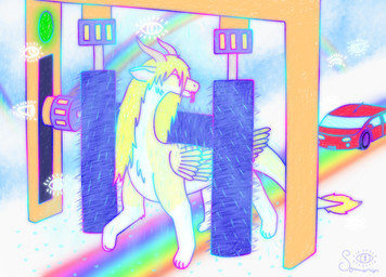car car_wash cloud feathered_wings feathers feral floating_eyes fur horn male quadruped rainbow solo tail vehicle wet wet_body wet_fur white_body white_fur wings yellow_body yellow_feathers yellow_fur somnarion_(artist) mythology somnarion_(character) dragon furred_dragon furred_scalie mythological_creature mythological_scalie scalie hi_res