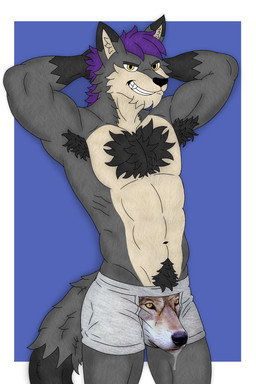 abs anthro armpit_hair biceps bodily_fluids body_hair boxers_(clothing) boxers_only bulge chest_hair clothed clothing dripping fur genital_fluids grey_body grey_fur hair hands_behind_head happy_trail leaking_precum male mohawk muscular muscular_anthro muscular_male obliques precum precum_drip precum_through_clothing precum_through_underwear pube_peek pubes purple_hair serratus solo topless tuft underwear underwear_only v-cut wet wet_clothing yellow_eyes nicolasthewolf meme_clothing wolf_head_underwear canid canine canis mammal wolf 2:3 hi_res meme