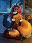 anthro black_nose blurred_background christmas_clothing clothing detailed_background eyebrows eyelashes female hair holidays inside kneeling legwear orange_eyes red_hair solo thigh_highs window amur christmas azalea_benz canid canine fox mammal 2020 3:4 digital_media_(artwork) hi_res