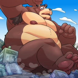 anthro armpit_hair balls belly blush blush_lines body_hair brown_body brown_eyes building building_destruction city destruction embarrassed fur genitals looking_at_viewer macro male multicolored_body multicolored_fur muscular muscular_male nipples overweight pawpads pecs simple_background sky solo two_tone_body two_tone_fur leothelionel the_human_heart_(game) cade_maplebottom bear brown_bear grizzly_bear mammal ursine 1:1 absurd_res hi_res