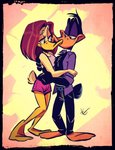 anthro beak bottomwear clothing duo feathers female male shorts tail tail_feathers juneduck21 looney_tunes the_looney_tunes_show warner_brothers daffy_duck tina_russo anatid anseriform avian bird duck 2019 hi_res