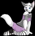 anthro black_background blush bottomwear clothed clothing collar crossdressing femboy footwear fur legwear male pattern_clothing pattern_legwear plantigrade simple_background skirt socks solo stockings striped_clothing striped_legwear stripes stripy tail muzz gorfy gorfy_(character) canid canine canis domestic_dog husky mammal nordic_sled_dog spitz 2009 digital_media_(artwork)