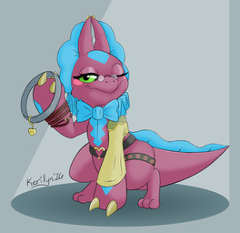 anthro blush bow_tie claws collar eyewear female glasses green_eyes offering_collar one_eye_closed pink_body pink_scales scales smile solo thigh_strap wink kerilyn bandai_namco digimon digimon_(species) elizamon scalie hi_res