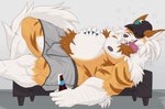 alcohol anthro beer beverage biped claws clothing fangs finger_claws fur furniture hat headgear headwear lying male muscular muscular_anthro muscular_male on_back pubes simple_background sofa solo teeth underwear isaacyote_(artist) nintendo pokemon archie_(isaacyote) arcanine canid canine generation_1_pokemon mammal pokemon_(species) hi_res