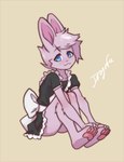 anthro blue_eyes bow_(feature) clothing fur hair maid_uniform male pawpads pink_pawpads purple_body purple_fur purple_hair simple_background solo tan_background uniform dragonfu happy(happyhazard) lagomorph leporid mammal rabbit hi_res