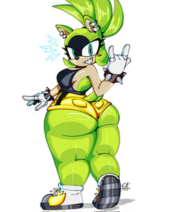 anthro big_butt blue_eyes bottomwear bracelet butt clothing ear_piercing ear_ring female footwear gloves green_body grin hair handwear hotpants huge_butt jewelry piercing ponytail ring ring_piercing sharp_teeth shirt shoes shorts smile solo spiked_bracelet spikes tail tan_body tan_skin teeth topwear raul_arts idw_publishing sega sonic_the_hedgehog_(comics) sonic_the_hedgehog_(idw) sonic_the_hedgehog_(series) surge_the_tenrec afrosoricid mammal tenrec hi_res