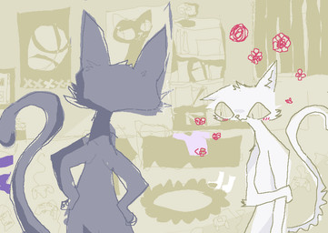 ambiguous_gender anthro carpet clothing console controller controller_on_ground detailed_background duo flower footwear fur grey_body grey_fur grey_tail inside nude plant poster shirt smile socks standing t-shirt tail topwear white_body white_fur white_tail yellow_sclera naircat domestic_cat felid feline felis mammal 2017 digital_media_(artwork) microsoft_paint_(artwork)