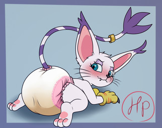 3_toes accessory all_fours blue_eyes blush blush_lines bodily_fluids claws clothing diaper feet female finger_claws furgonomics genital_fluids gloves handwear jewelry pawpads ring solo tail tail_accessory tail_jewelry tail_ring tail_tuft toes tuft unclean_diaper urine used_diaper wet_diaper whiskers hodgepodgedl bandai_namco digimon digimon_(species) gatomon hi_res