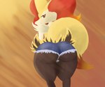 anthro big_butt bottomwear brown_body brown_fur butt clothing denim denim_bottomwear denim_clothing denim_shorts ear_tuft female fur hotpants looking_back orange_eyes red_body red_fur red_nose shorts solo tuft white_body white_fur yellow_body yellow_fur chromethefox nintendo pokemon sunny_(chromethefox) braixen generation_6_pokemon pokemon_(species) 6:5 digital_media_(artwork) hi_res