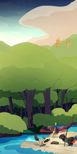 afternoon basket club_(weapon) container dialogue fantasy female feral forest male melee_weapon plant river text tree weapon thepatchedragon dragonscape mythology forl_(thepatchedragon) hiker_(thepatchedragon) jat_(thepatchedragon) arthropod centipede dinosaur dragon drekir myriapod mythological_creature mythological_scalie prehistoric_species reptile saurischian scalie theropod absurd_res comic hi_res