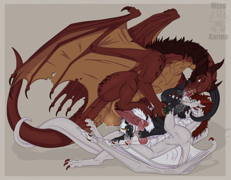 anal animal_genitalia anus balls brown_body brown_fur brown_horn brown_mane claws cunnilingus erection female feral fur genitals group horn knot male male/female mane membrane_(anatomy) membranous_wings nipples oral penis pink_anus pink_knot pink_nipples pink_penis red_body red_claws red_fur red_horn red_mane red_scales rimming rimming_female scales sex sheath teats trio vaginal ventral_scales white_body white_membrane white_scales wings misskarma mythology dragon mythological_creature mythological_scalie scalie hi_res