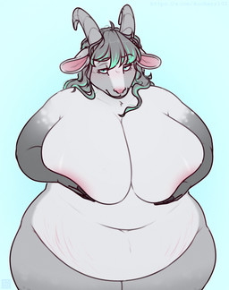 anthro bedroom_eyes belly belly_rolls big_belly big_breasts breasts deep_navel fat_arms fat_rolls female holding_up_breasts horn huge_breasts huge_thighs hyper hyper_breasts narrowed_eyes navel obese obese_female overweight overweight_female seductive solo stretch_marks thick_thighs wide_hips aucherr bovid caprine goat mammal hi_res