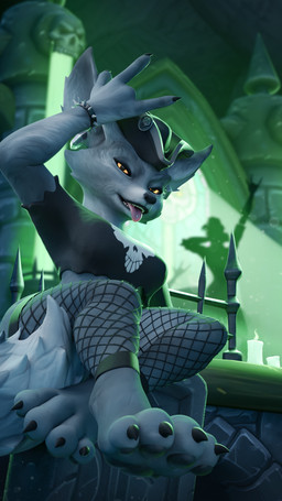 amber_eyes anthro black_pawpads breasts claws clothing concert devil_horns_(gesture) ear_piercing ear_ring female fishnet_clothing fishnet_legwear fur gesture grey_body grey_fur hand_gesture legwear medium_breasts night pawpads paws piercing pillow pirate_hat ring_piercing sitting smile smirk smug solo tail teeth tombstone tongue tongue_out tongue_piercing toripaw blizzard_entertainment warcraft zashki canid canine fox mammal true_fox vulpera 3d_(artwork) 9:16 digital_media_(artwork) hi_res widescreen