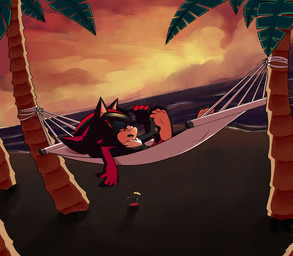4_toes 5_fingers anthro barefoot beach beverage biped bottomwear chest_tuft claws clothing cloud eyewear feet fingers fur hammock humanoid_hands looking_at_viewer lying male on_back open_mouth outside palm_tree plant red_eyes sea seaside shorts solo sunglasses sunset toes tree tuft umbrella water starampharos sega sonic_the_hedgehog_(series) shadow_the_hedgehog eulipotyphlan hedgehog mammal hi_res