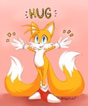 accessory anthro blue_eyes blush clothing daww footwear gloves handwear happy looking_at_viewer male multi_tail shoes smile solo tail talking_to_viewer text sketchygarden sega sonic_the_hedgehog_(series) miles_prower canid canine fox mammal hi_res